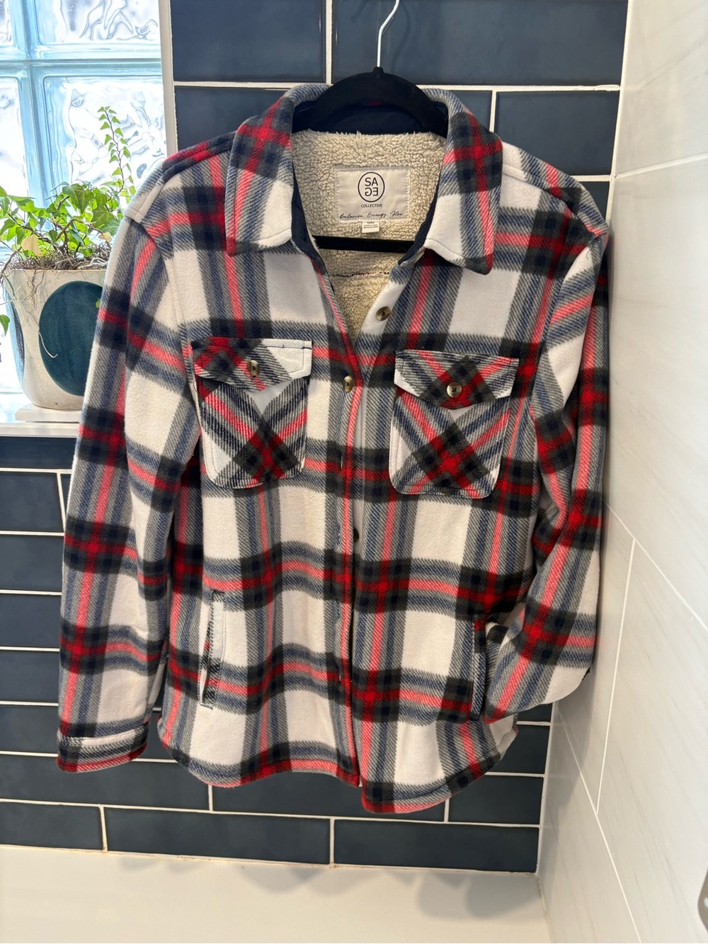 Women's White and Red Plaid Sherpa-Lined Jacket